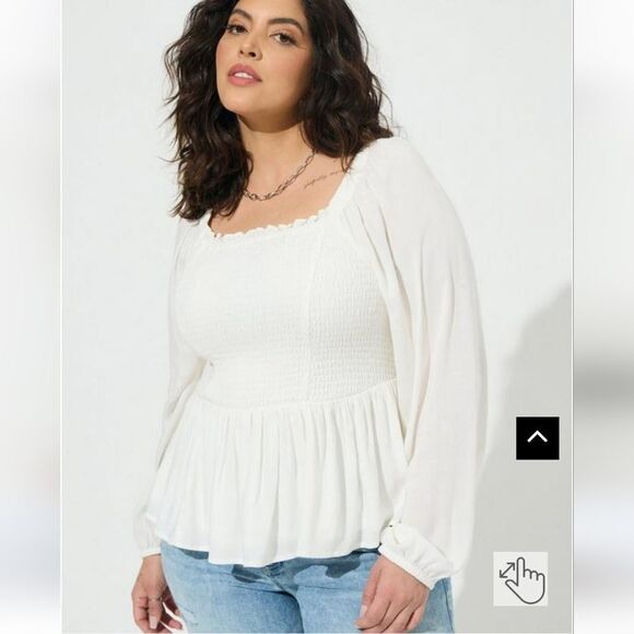 New TORRID Cloud dancer white smokedโbodice long sleeve cropped babydoll/Blouse - Picture 6 of 16